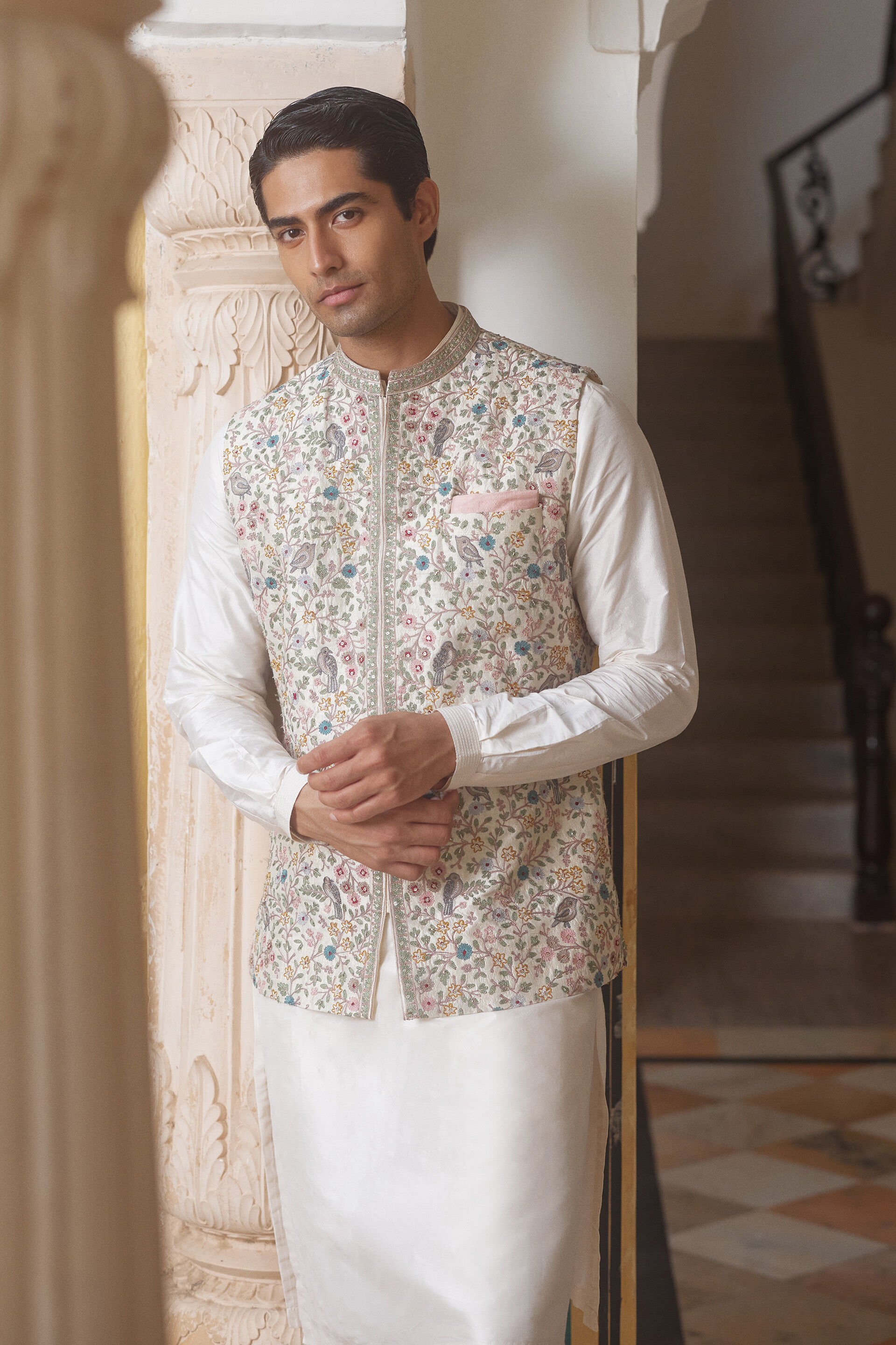 Avir Aari Embroidered Silk Nehru Jacket - Cream, Cream, image 4